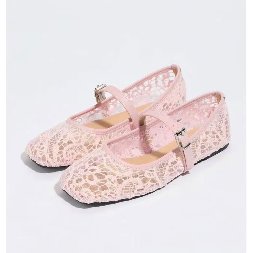 Pink Floral Lace Mary Jane Square Toe Ballet Flats Buckle Strap Size 40/9 NEW